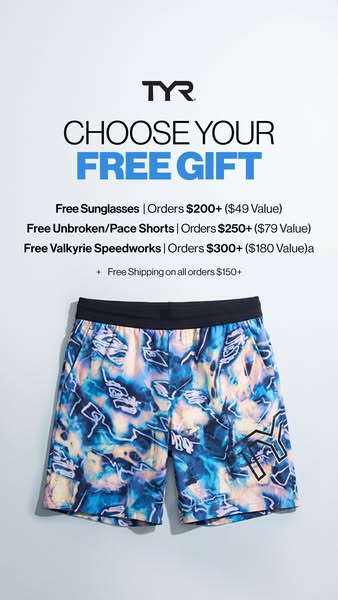 This ad for TYR features a pair of patterned shorts and promotes a gift with purchase offer. Customers who spend over a 