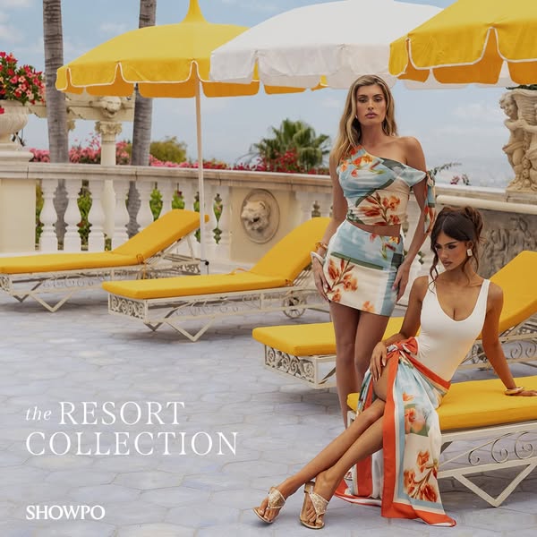 This ad features two women modeling clothing from the SHOWPO resort collection. The models are posed on a patio next to 