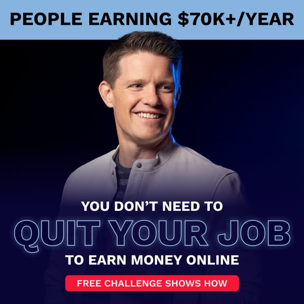 This ad features a smiling man against a dark blue background, promoting a free challenge that shows people how to earn 
