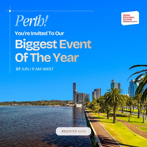 This ad promotes an upcoming Global Education Summit event in Perth by Crimson Education. The ad features an image of a 
