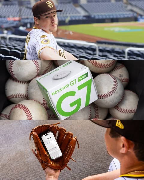 This ad shows a baseball player at a baseball stadium using Dexcom G7 and his smartphone. It highlights how the Dexcom G