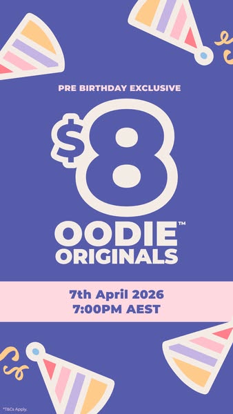 This ad promotes an exclusive, pre-birthday sale for Oodie Originals, offering products for $8 on April 7th, 2026 at 7:0