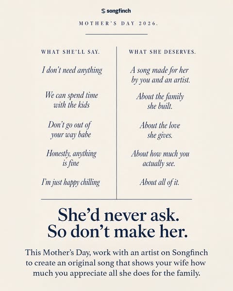 This Songfinch ad is for Mother's Day and states that the receiver will say they don't need anything. It suggest