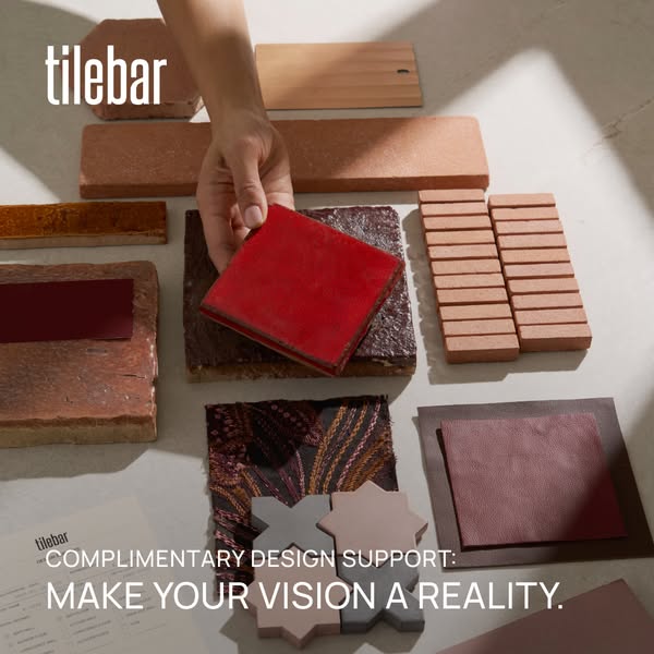 An image ad promoting TileBar highlights their complimentary design support and tile products. The ad emphasizes TileBar