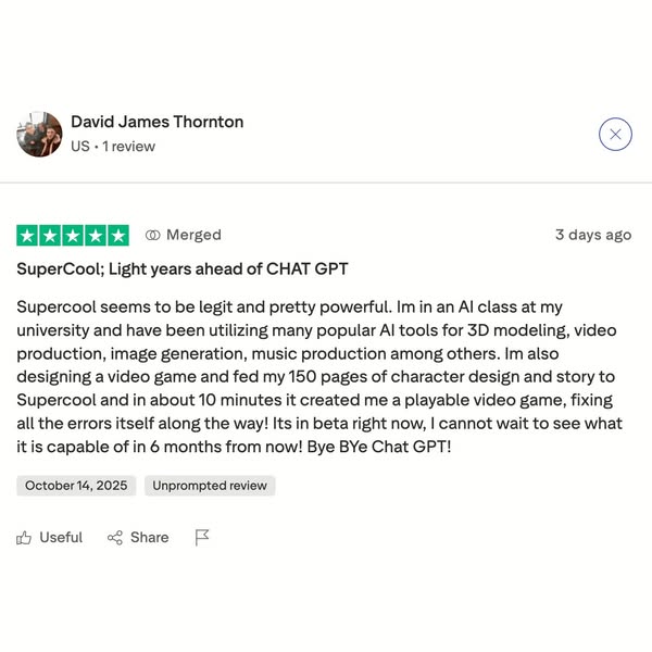 The ad shows a screenshot of a user review for the 'SuperCool' AI tool, which is portrayed as superior to CHAT G