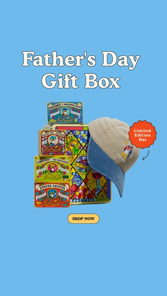 This ad promotes the Fishwife brand's Father's Day Gift Box, showcasing the brand’s tinned fish products alongsi