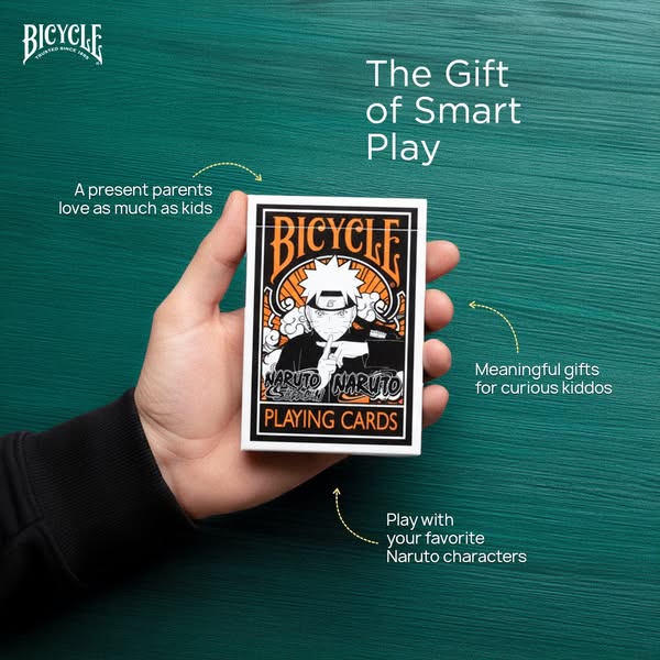 This ad promotes Bicycle brand playing cards featuring Naruto characters. The ad emphasizes the cards as a thoughtful an