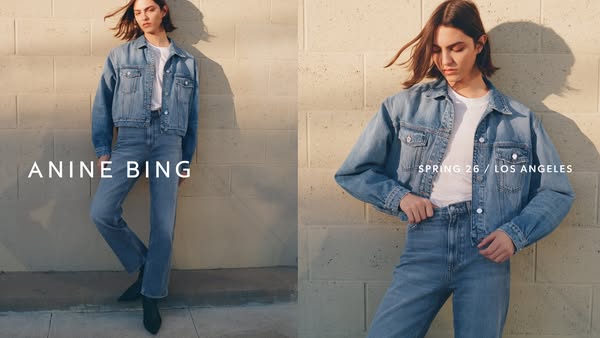 This ad showcases clothing items from ANINE BING's Spring 26/Los Angeles collection, featuring a model wearing a den