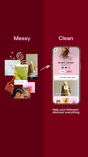This ad uses a split screen to show the before and after of using a product to organize links and content. The left side
