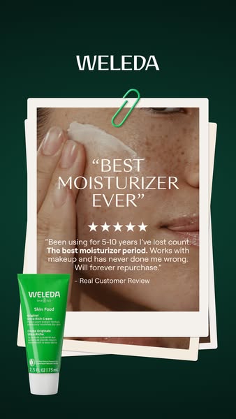 This ad uses a customer testimonial and a 5-star rating to promote Weleda's Skin Food moisturizer. The product is po