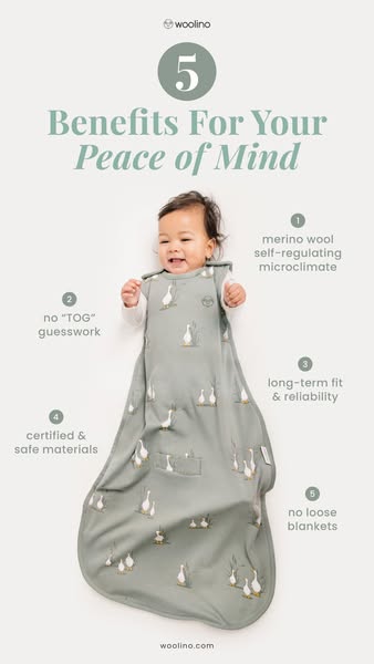 This ad showcases the Woolino sleep sack and lists the 5 benefits of the sleep sack.