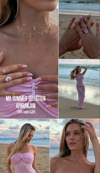 This image ad for Aparanjan features a model on a beach wearing their jewelry. The ad highlights a summer selection with