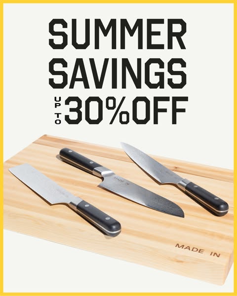 This image ad promotes Made In knives, advertising Summer Savings of up to 30% off. The image features three knives laid