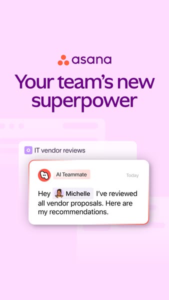 This ad features the Asana platform being used by an AI teammate to provide a review of vendor proposals.