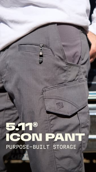 This ad is for 5.11 ICON pants. The ad focuses on the product's purpose-built storage, highlighting its features.