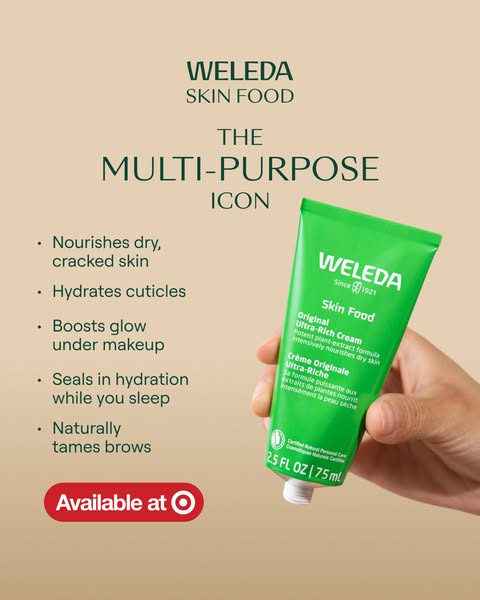 This image ad for Weleda Skin Food promotes it as a multi-purpose cream that nourishes dry skin, hydrates cuticles, boos