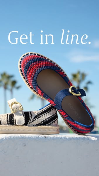 This Rothy's ad showcases two pairs of Mary Jane flats against a sunny, outdoor backdrop, emphasizing the brand'