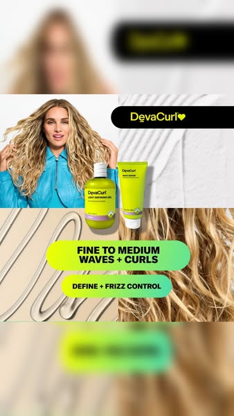This ad showcases Devacurl hair products, specifically highlighting their effectiveness on fine to medium waves and curl