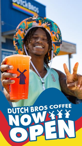 This ad features a young man holding a Dutch Bros drink in front of a Dutch Bros location. The ad is promoting that Dutc