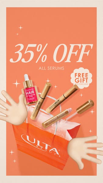 This ad promotes a sale of 35% off on all Grande Cosmetics serums, combined with a free gift with purchase. It features 