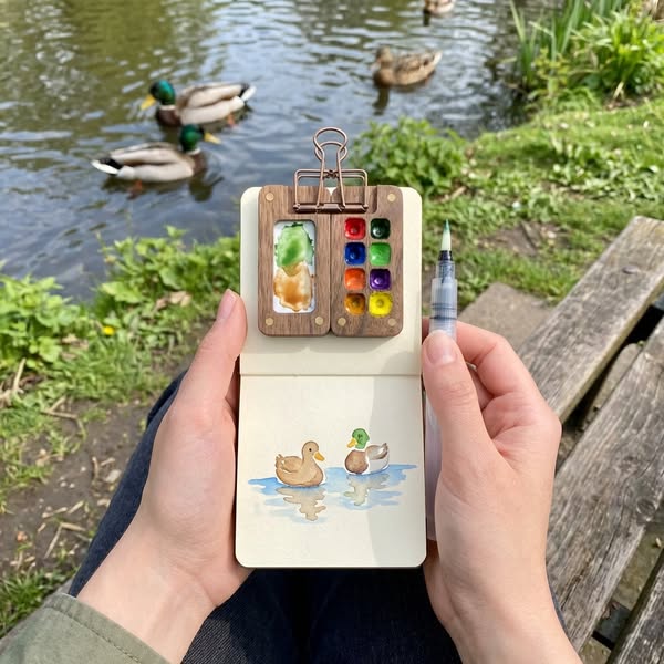 The ad shows a person sitting on a bench painting a picture of two ducks that are swimming in the nearby pond. The perso