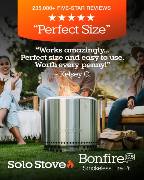 This ad for Solo Stove features a fire pit surrounded by two women relaxing in chairs. A text block above the product in