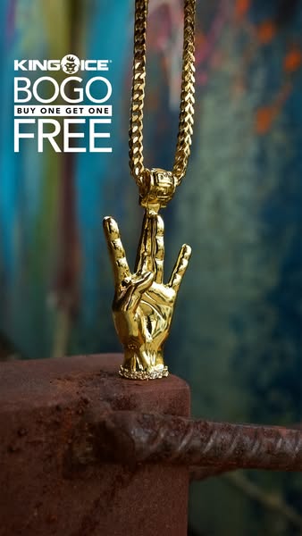 This ad for King Ice jewelry features a gold chain and pendant atop a metal block. The offer is buy one get one free.