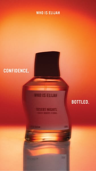 This image ad presents "Desert Nights," a unisex fragrance from Who Is Elijah, positioning it as encapsulating