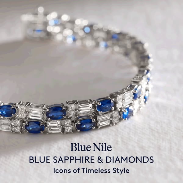 This ad showcases a Blue Nile bracelet made of blue sapphires and diamonds. The ad emphasizes the timeless style of the 
