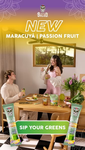 This ad showcases the new Maracuyá Passion Fruit flavor of the brand's greens product. It shows a couple enjoying dr