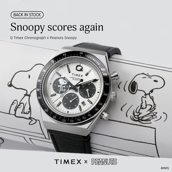 This image ad showcases a Timex Q Chronograph watch in collaboration with Peanuts, featuring Snoopy on the watch face. T