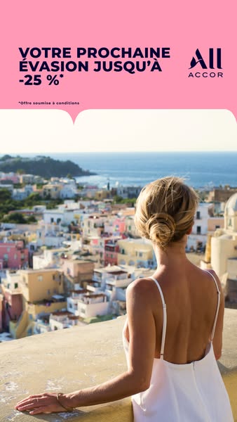 This image ad promotes Accor hotels, enticing viewers with a discount of up to 25% off their next escape. The visual fea