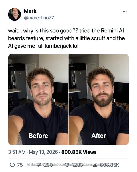 This ad demonstrates the capabilities of the Remini AI app by showcasing how it can add a beard to a selfie, using a bef