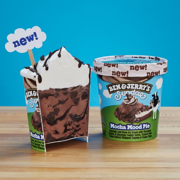 A product ad showcasing Ben & Jerry's Mocha Mood Pie Sundae, highlighting its layers and ingredients.