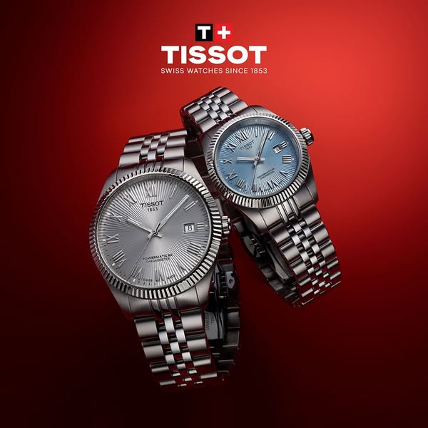 This ad showcases two Tissot watches against a red background, emphasizing their design and Swiss heritage.