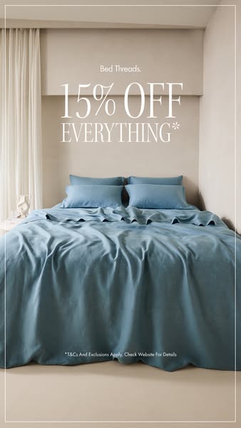 An image ad for Bed Threads promoting a 15% off everything sale.