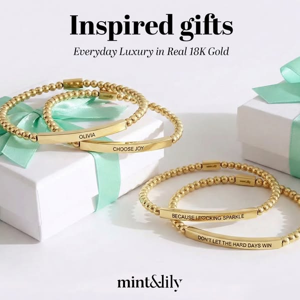 An ad showcasing the Mint & Lily brand's 18K gold personalized bracelets.