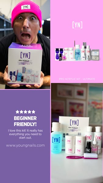 This ad for Young Nails Pro Acrylic Kit - Ultimate features a male holding the product with an excited expression. It sh