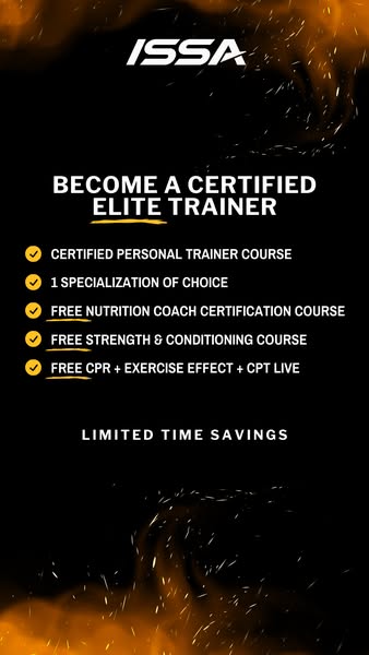 The ad promotes ISSA's Certified Elite Trainer course, highlighting the inclusion of additional certifications and a