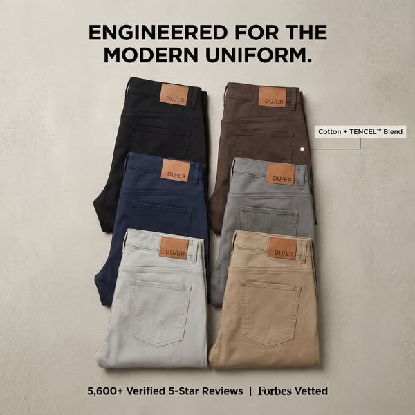 This ad showcases a variety of DU/ER pants in different colors. It highlights the 'Cotton + TENCEL™ Blend' and u