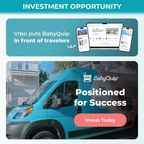 This ad promotes BabyQuip as an investment opportunity, highlighting its partnership with Vrbo and its potential for suc
