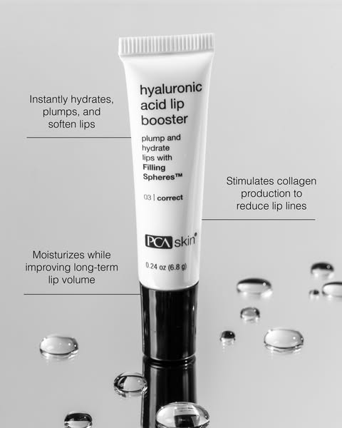 This ad promotes a hyaluronic acid lip booster that hydrates, plumps, and softens lips, improving long-term lip volume a