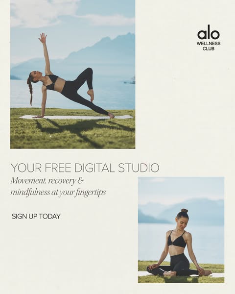 This image ad promotes Alo Wellness Club, offering a free digital studio for movement, recovery, and mindfulness. The ad