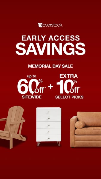 This promotional image for Overstock highlights the Memorial Day sale offering up to 60% off sitewide, with an additiona