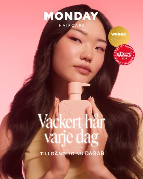 An ad for MONDAY Haircare shampoo, the image shows an individual holding a bottle of the shampoo with text laid over top