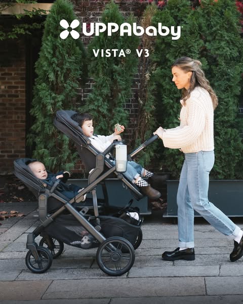 An ad for the UPPAbaby VISTA V3 stroller featuring a mom pushing the stroller on a sidewalk.