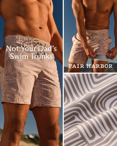 This image ad is for Fair Harbor swim trunks. The ad highlights how these trunks are not like your dad's swim trunks