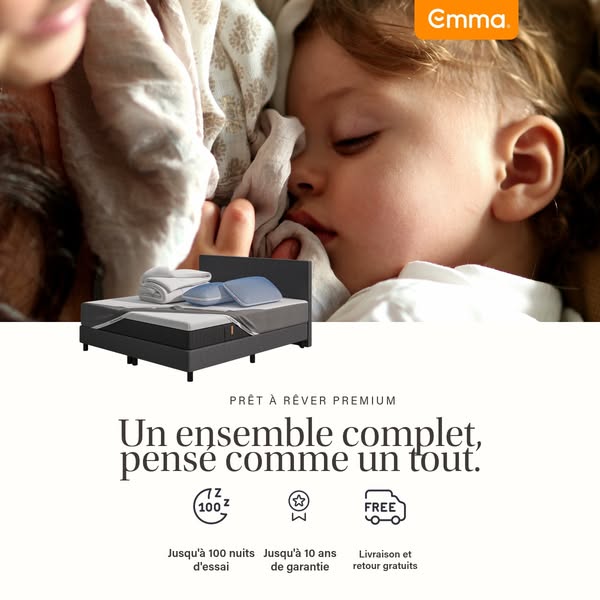 This image ad for Emma Sleep promotes their mattresses and bedding sets. It features an image of a bed with Emma Sleep p