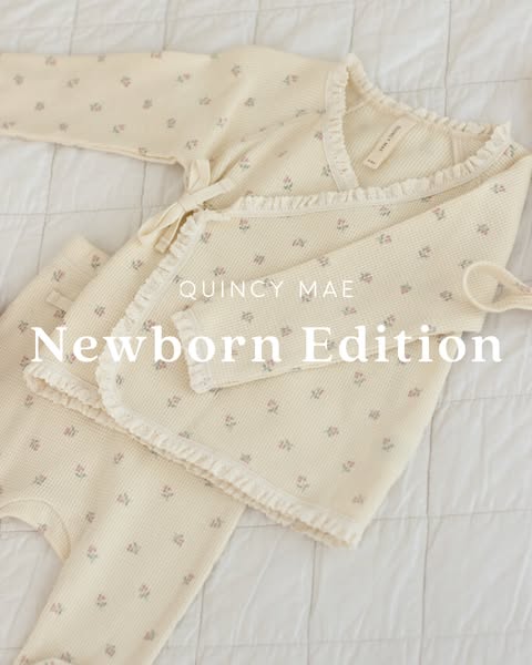 This ad showcases the Quincy Mae brand newborn edition baby outfit set, highlighting its design and aesthetic.