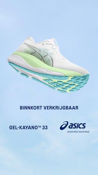 An image ad showcasing Asics Gel-Kayano™ 33 running shoes in a cool-toned environment, highlighting the brand's tagl